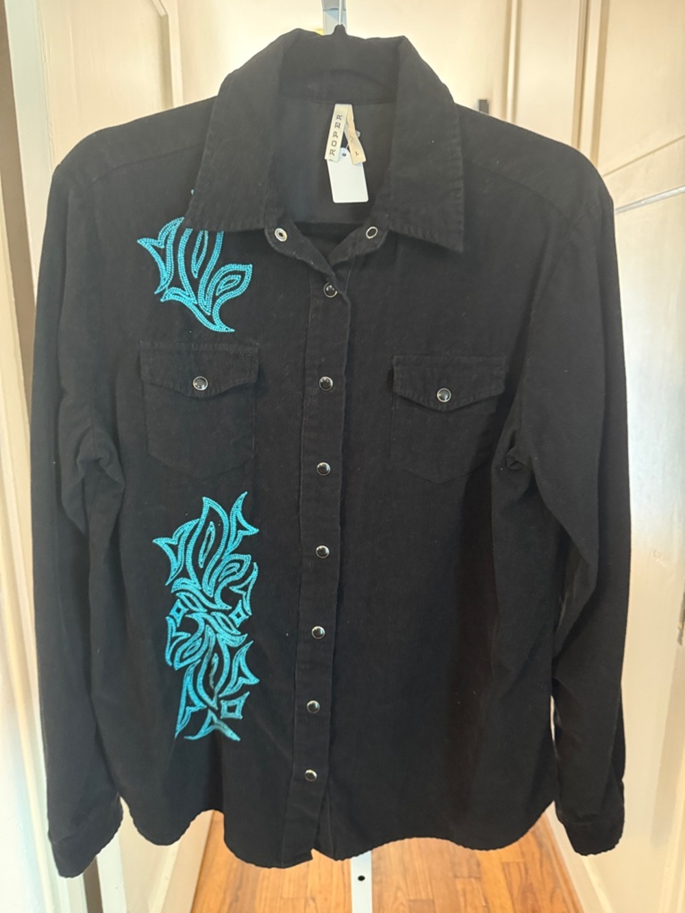 Roper Black Button-Up corduroy Shirt with Teal Embroidered Accents
